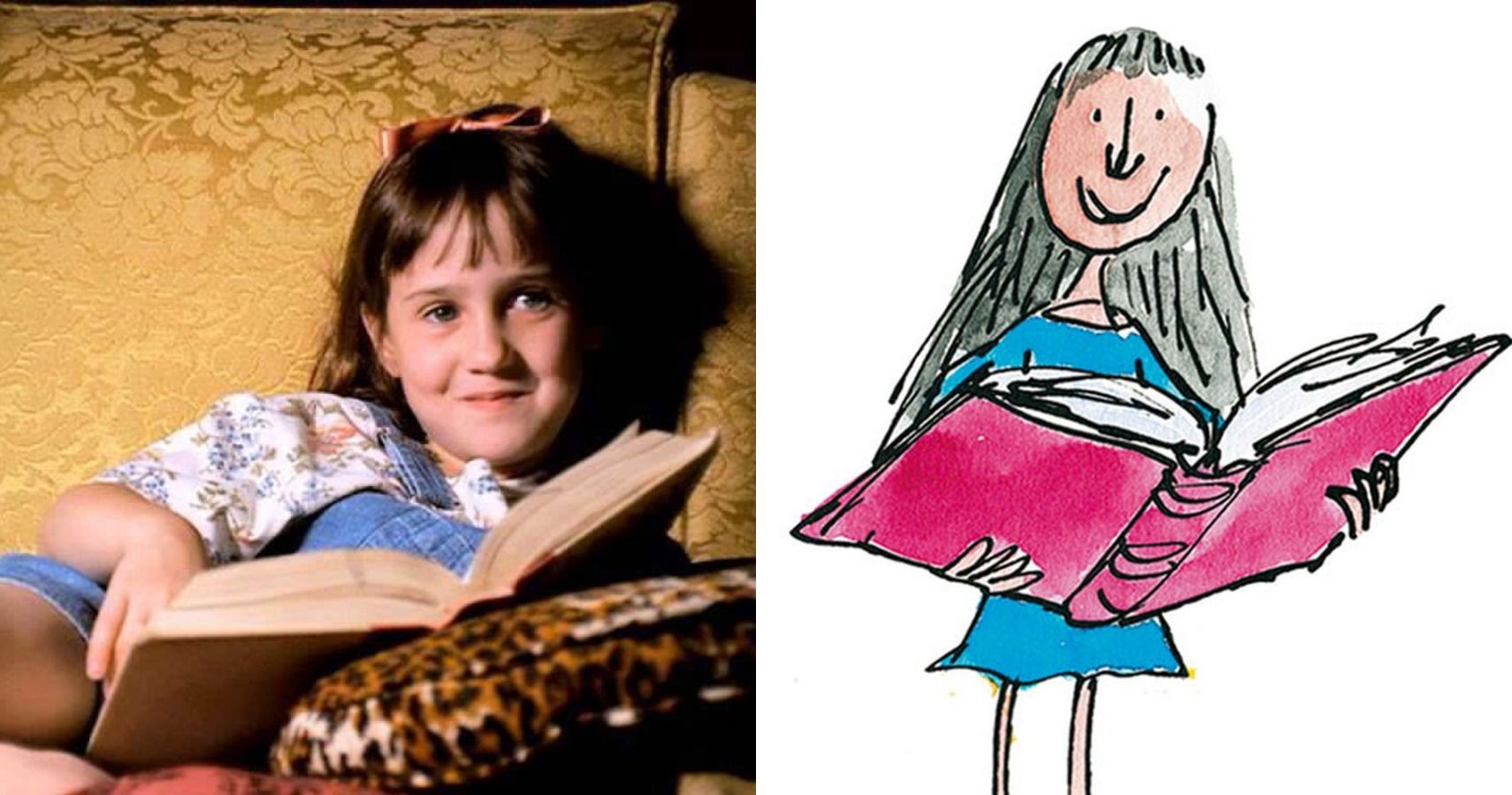 A split-image showing Mara Wilson's Matilda from the 1996 filmand her illustration from the book, drawn by Quentin Blake