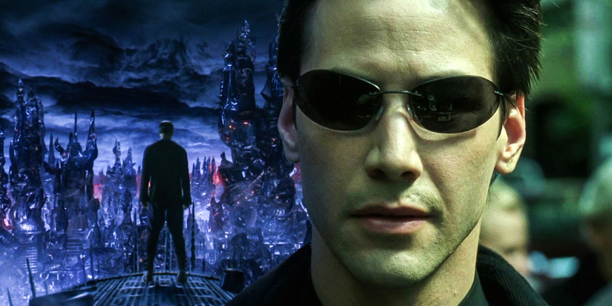 An image of Neo from Matrix Revolutions and another of him standing among the machines