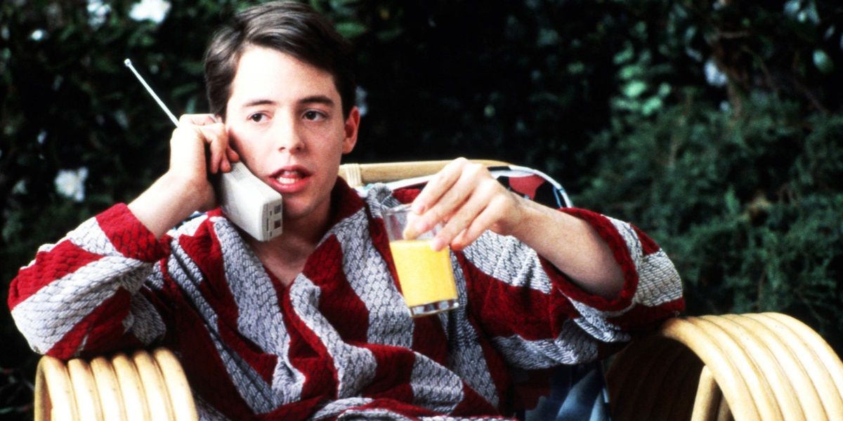 Ferris Bueller talks on the phone while drinking OJ from Ferris Bueller's Day Off