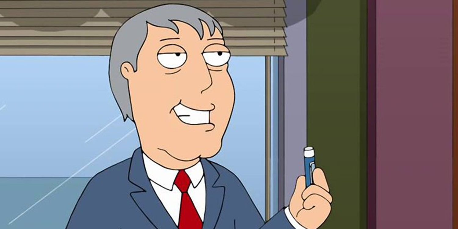 Mayor Adam West smiling and holding a pen in Family Guy