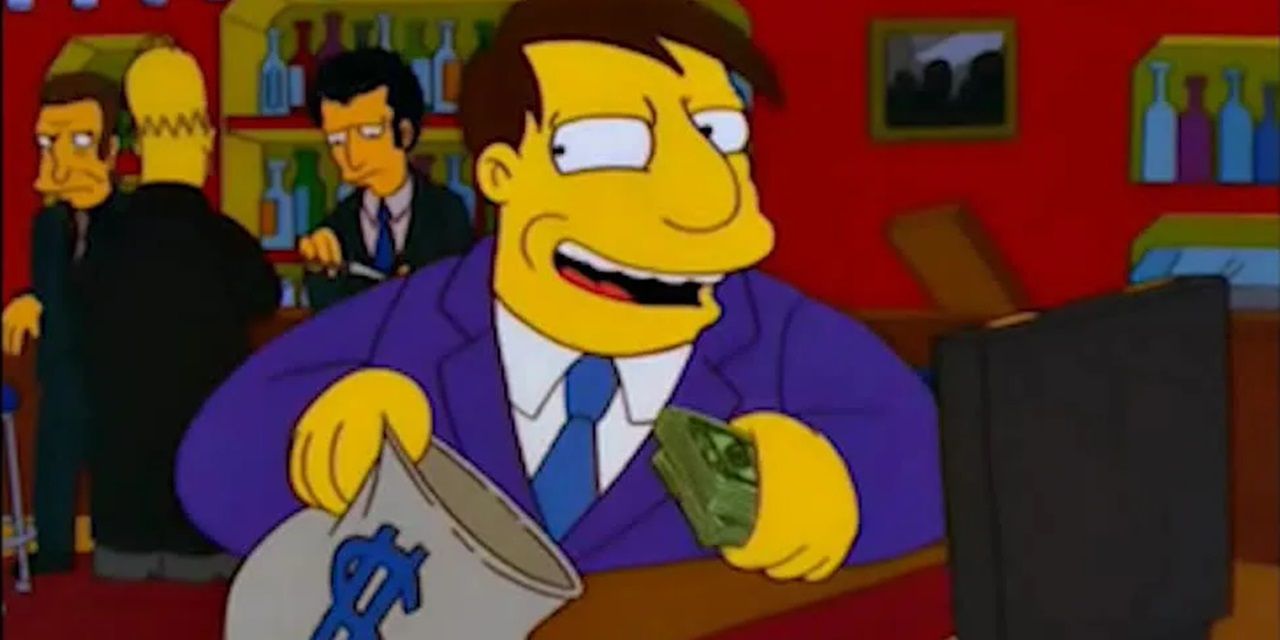 Mayor Quimby adding wads of cash to his money bag