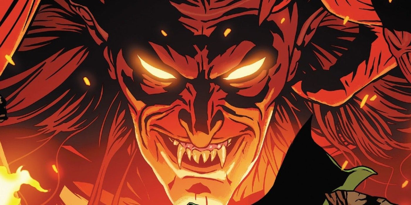 Mephisto smiles and bares his fangs in Marvel Comics.