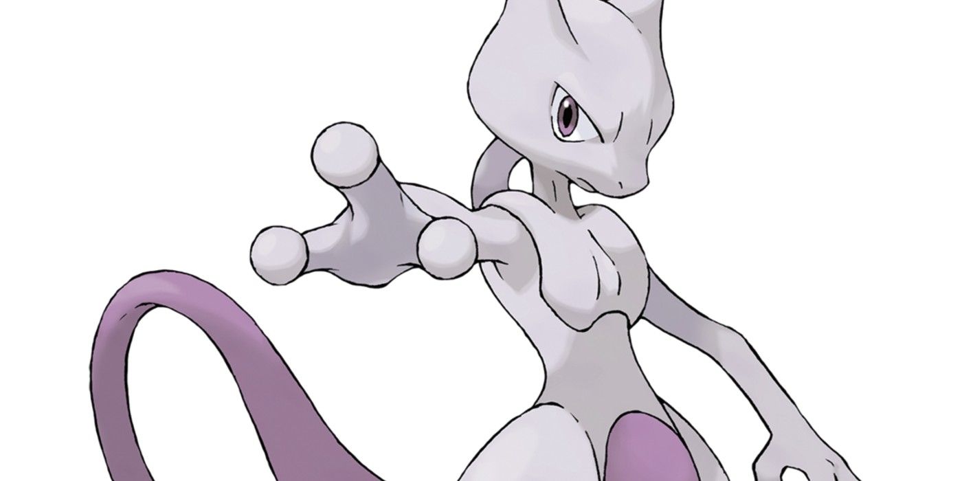 Mewtwo raising its right arm in Pokémon