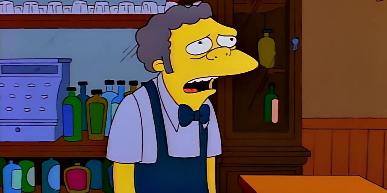 Moe looks depressed as he stands behind the bar of the tavern