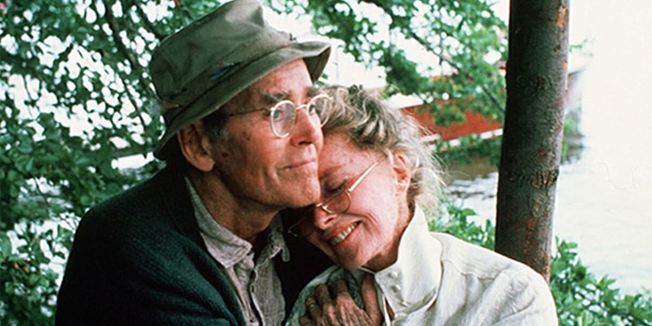 An older couple embrace in On Golden Pond