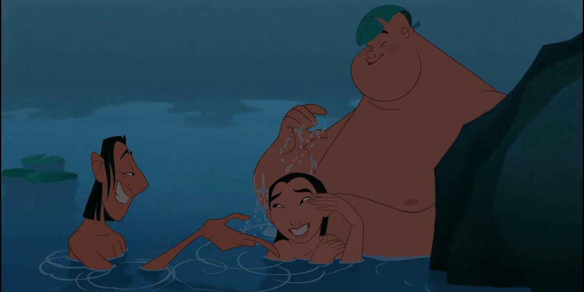 Mulan gets stuck swimming with the guys