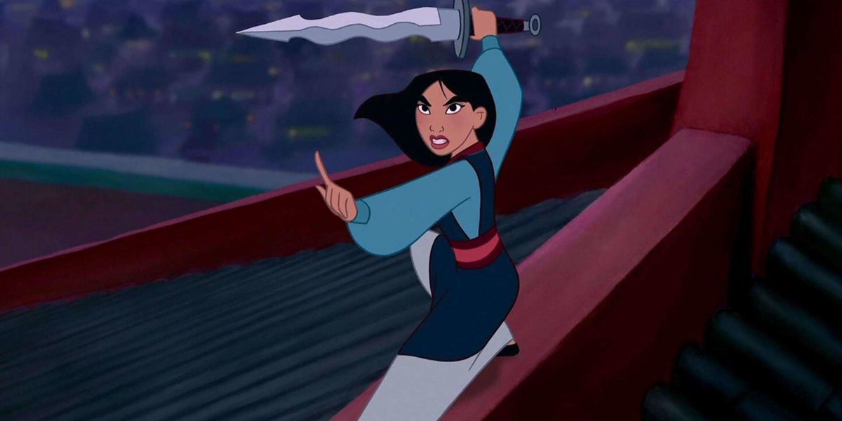 Mulan stands on a roof with a sword in Mulan