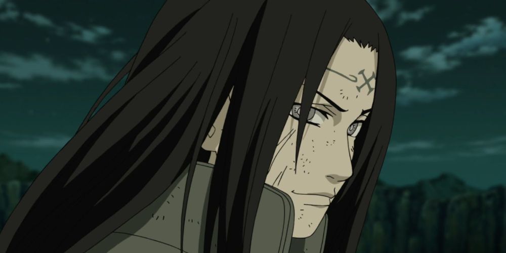 Neji smiling faintly and giving side eye in Naruto
