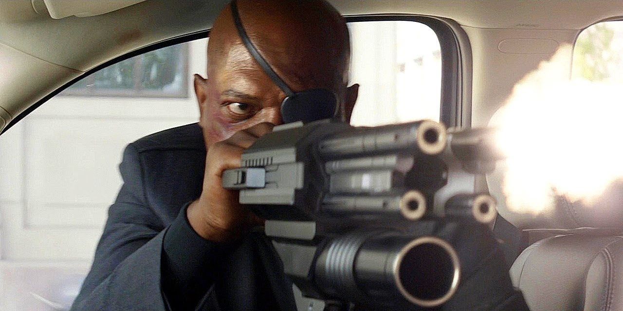 Nick Fury firing a cannon from his car in Captain America The Winter Soldier