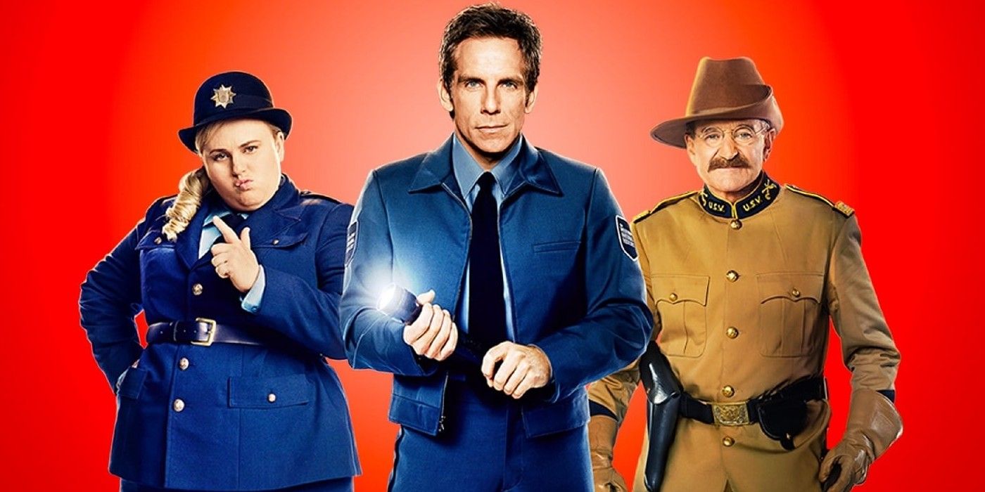 Rebel Wilson, Ben Stiller and Robin Williams stand side by side in front of a red background.