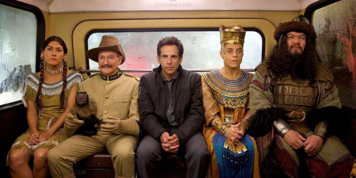 Night At The Museum characters sit at the back of a bus 