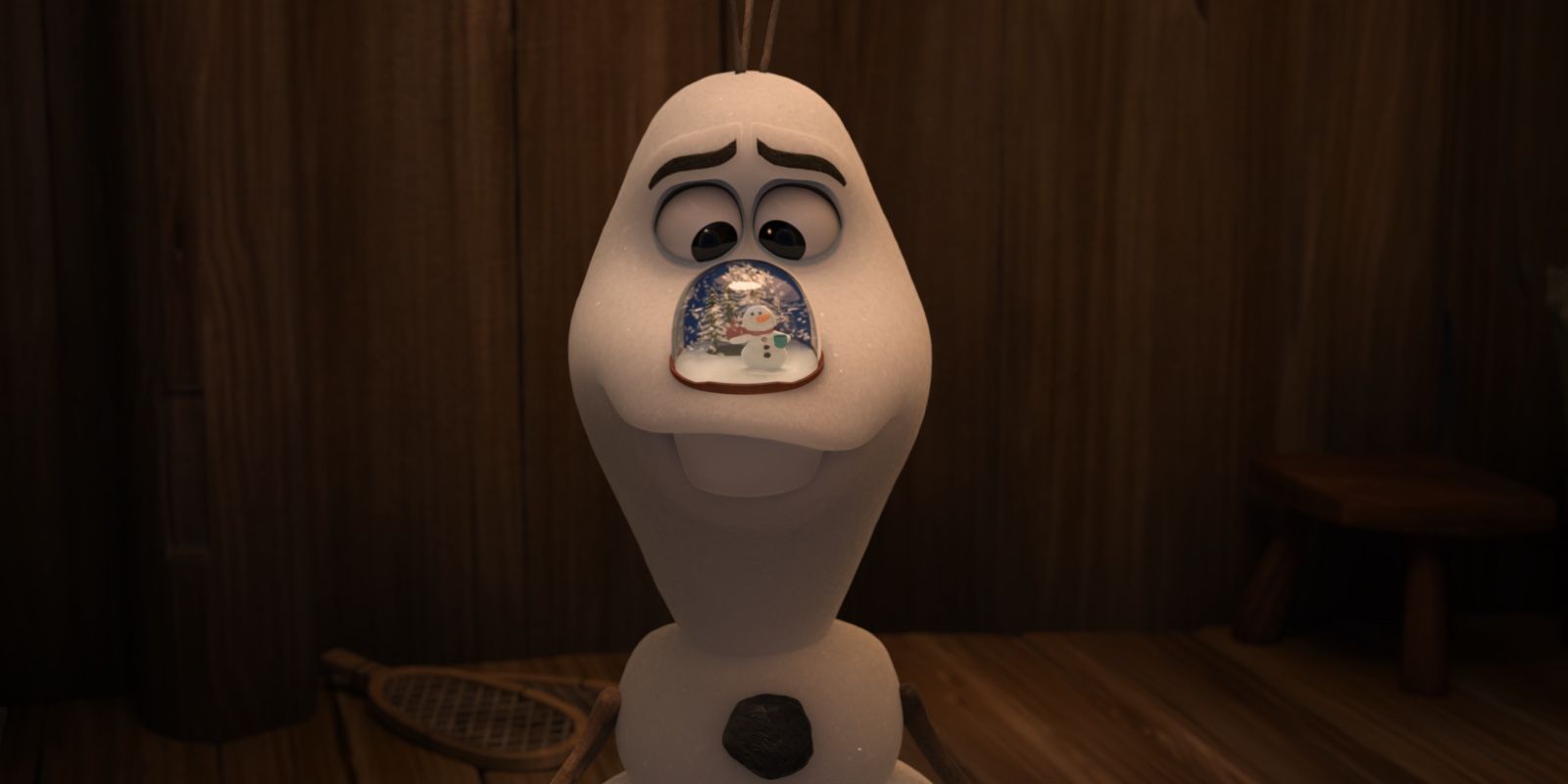 Olaf in Once Upon a Snowman with a snowglobe resting on his face