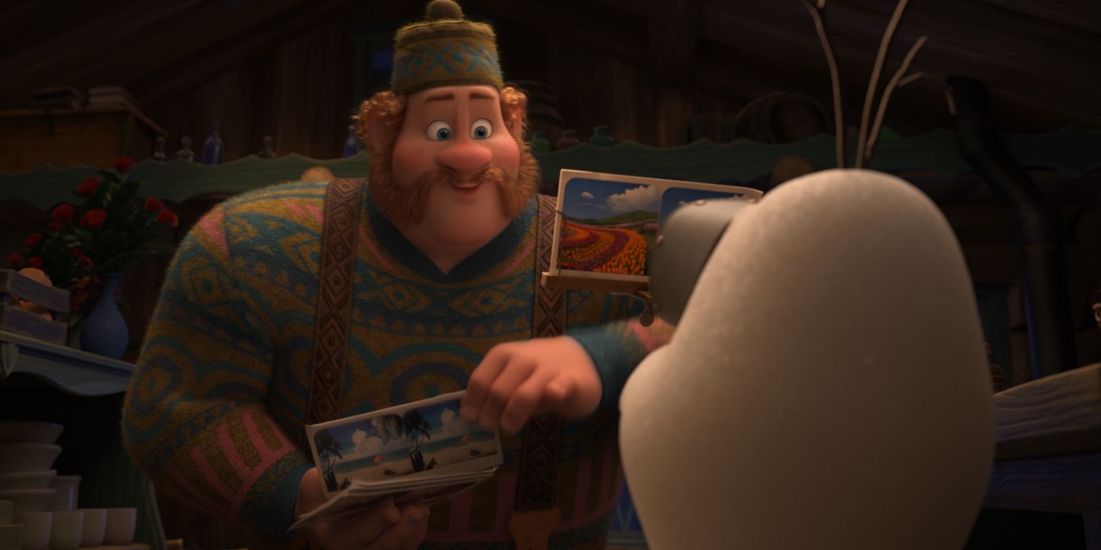 Olaf looking at viewfinder cards with the shopkeeper in Once Upon A Snowman