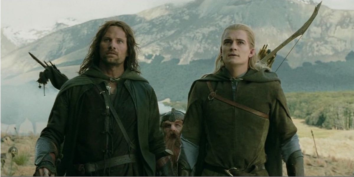 Aragon, Legolas and Gimli outside Osgiliath