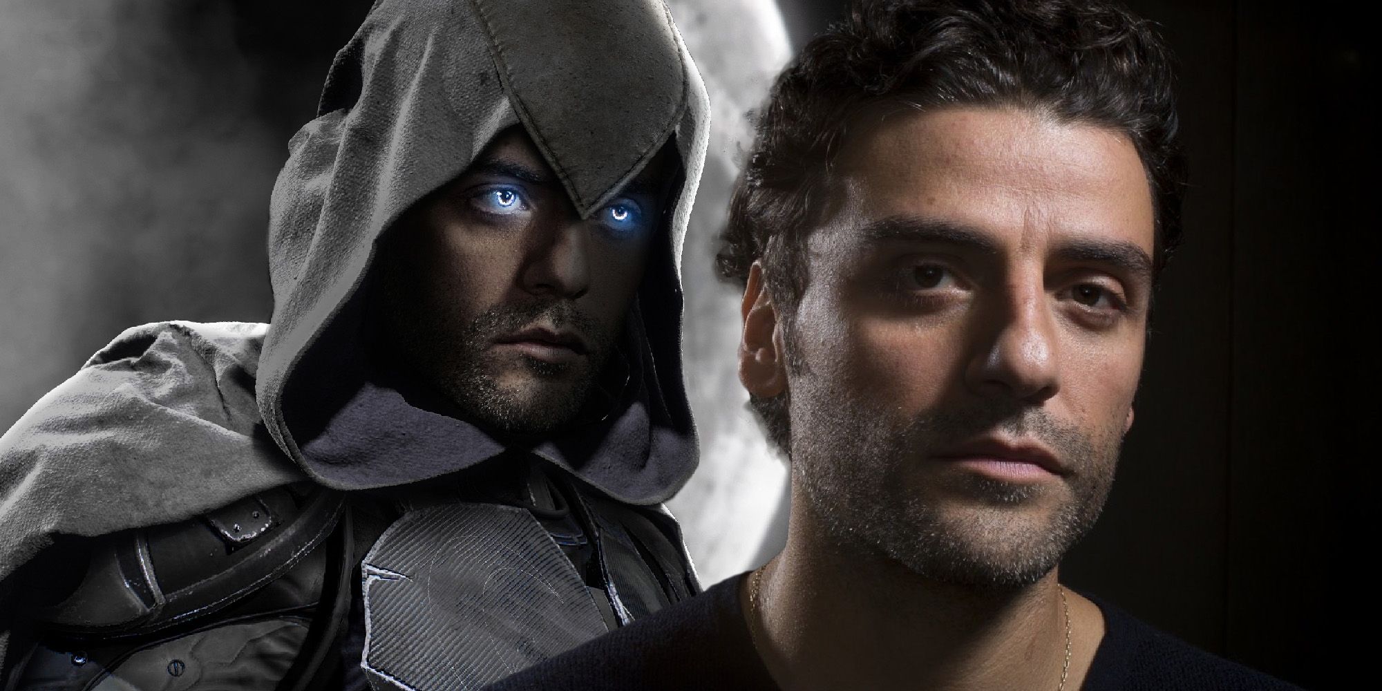 Split image showing Moon Knight and Oscar Isaac 