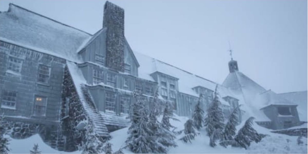 The Overlook Hotel covered in snow in The Shining