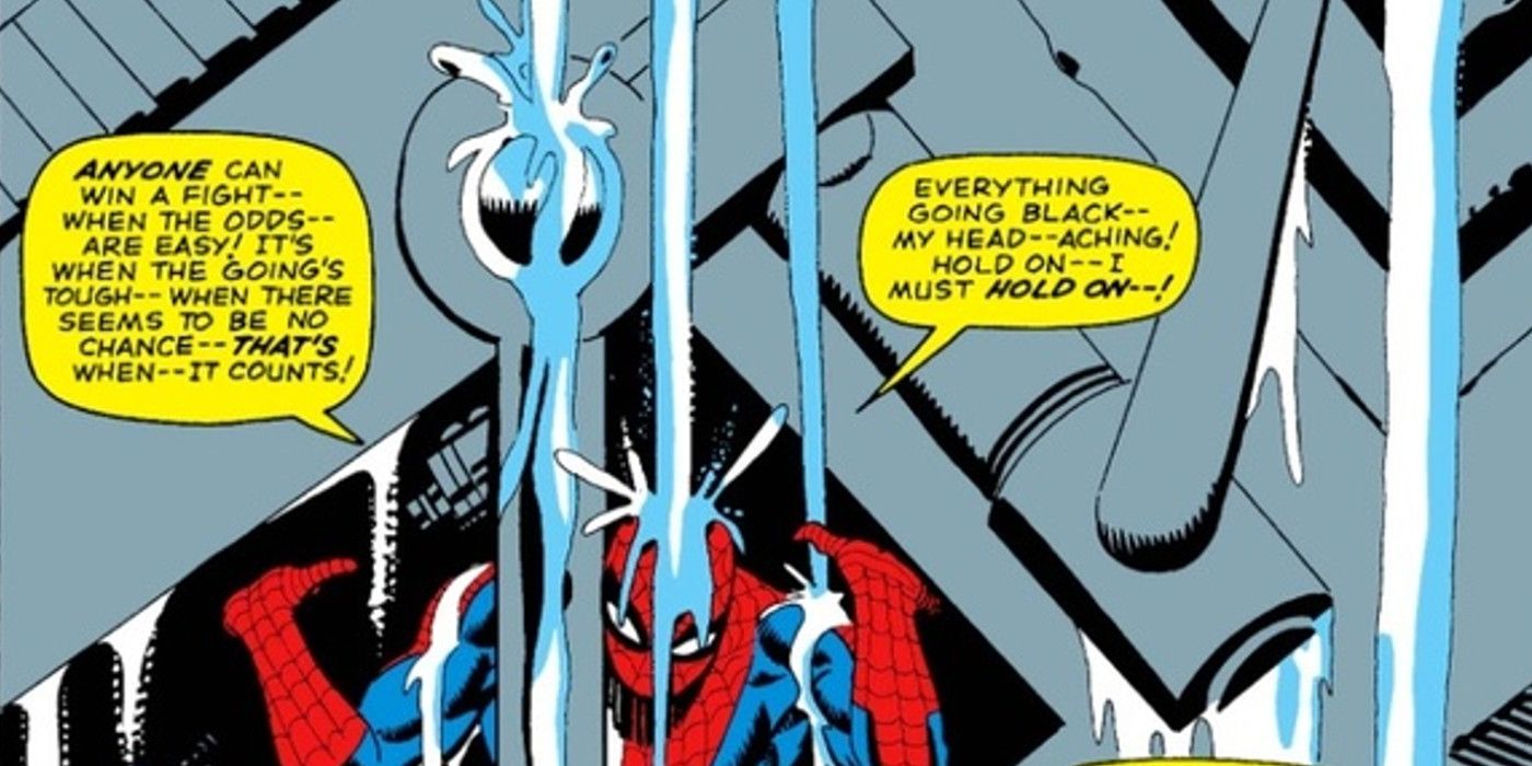 Peter Parker lifting debris in Amazing Spider-Man #33.