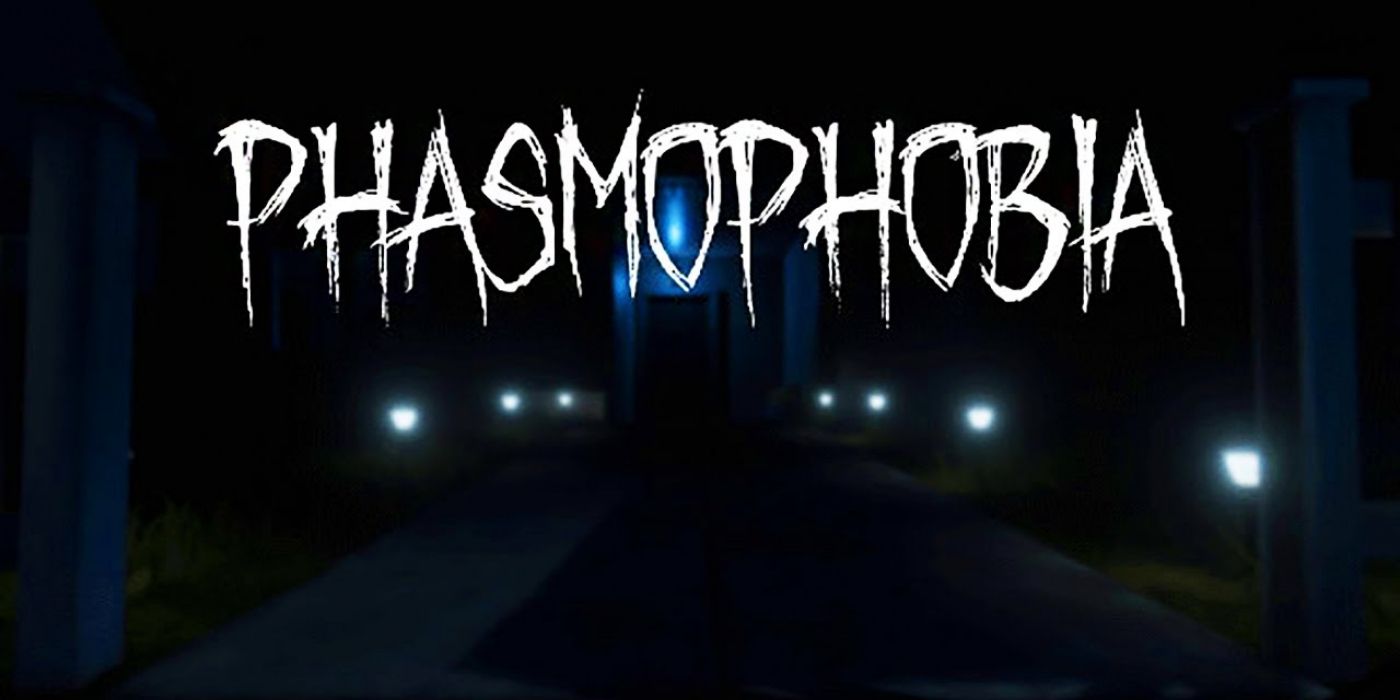 Arte promocional de Phasmophobia com o logotipo e um dos mapas ameaçadoramente iluminados do jogo.