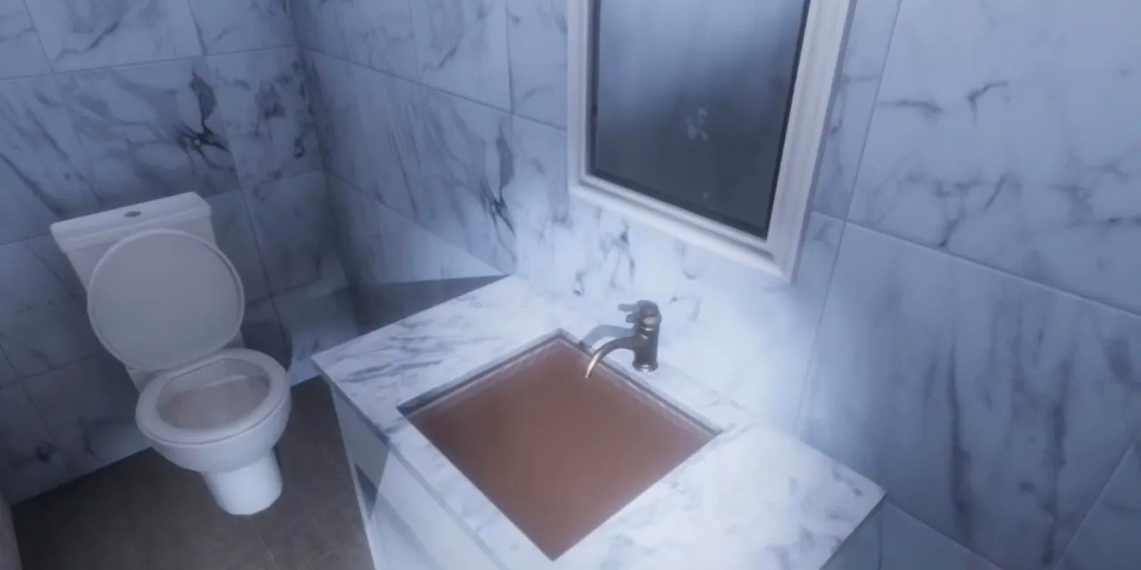 A player takes a picture of a sink full of dirty water in Phasmophobia