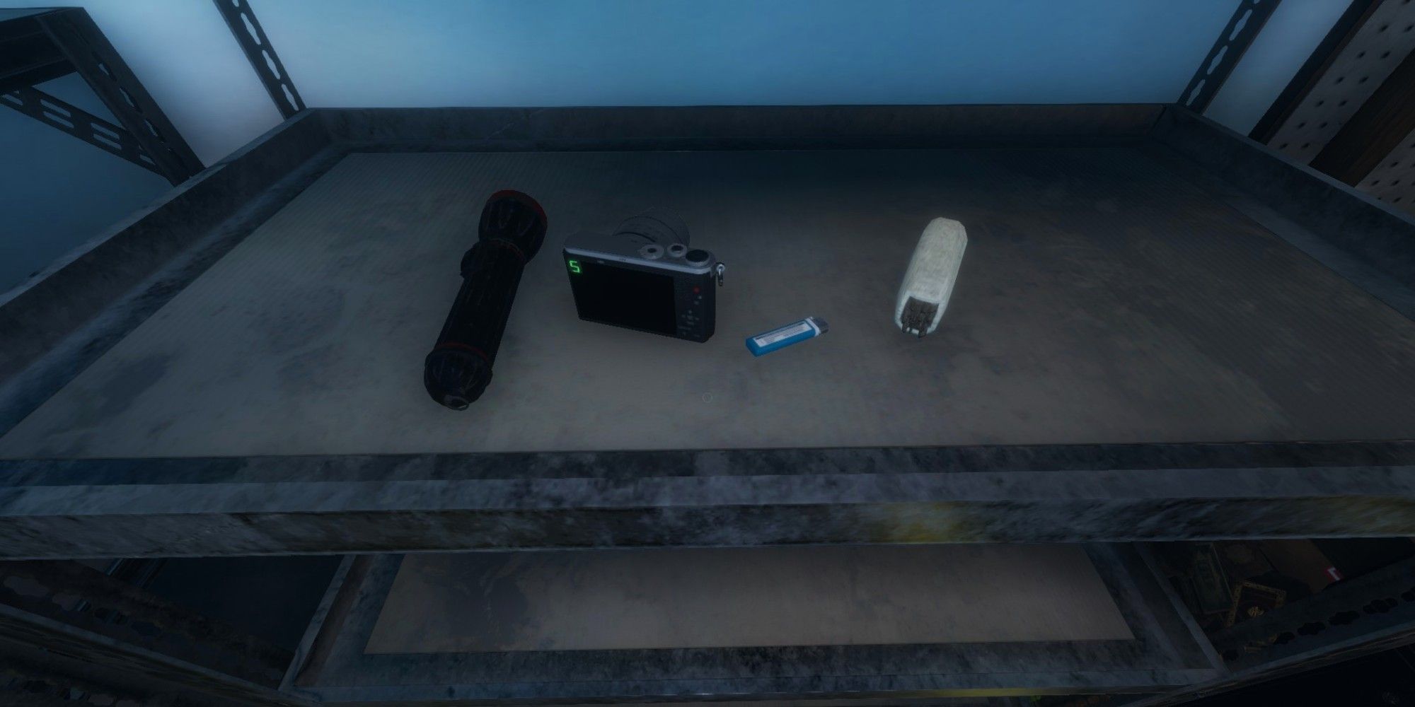 Ghost Hunting Equipment, a flashlight, camera, lighter, and smudge sticks, on a table in Phasmophobia