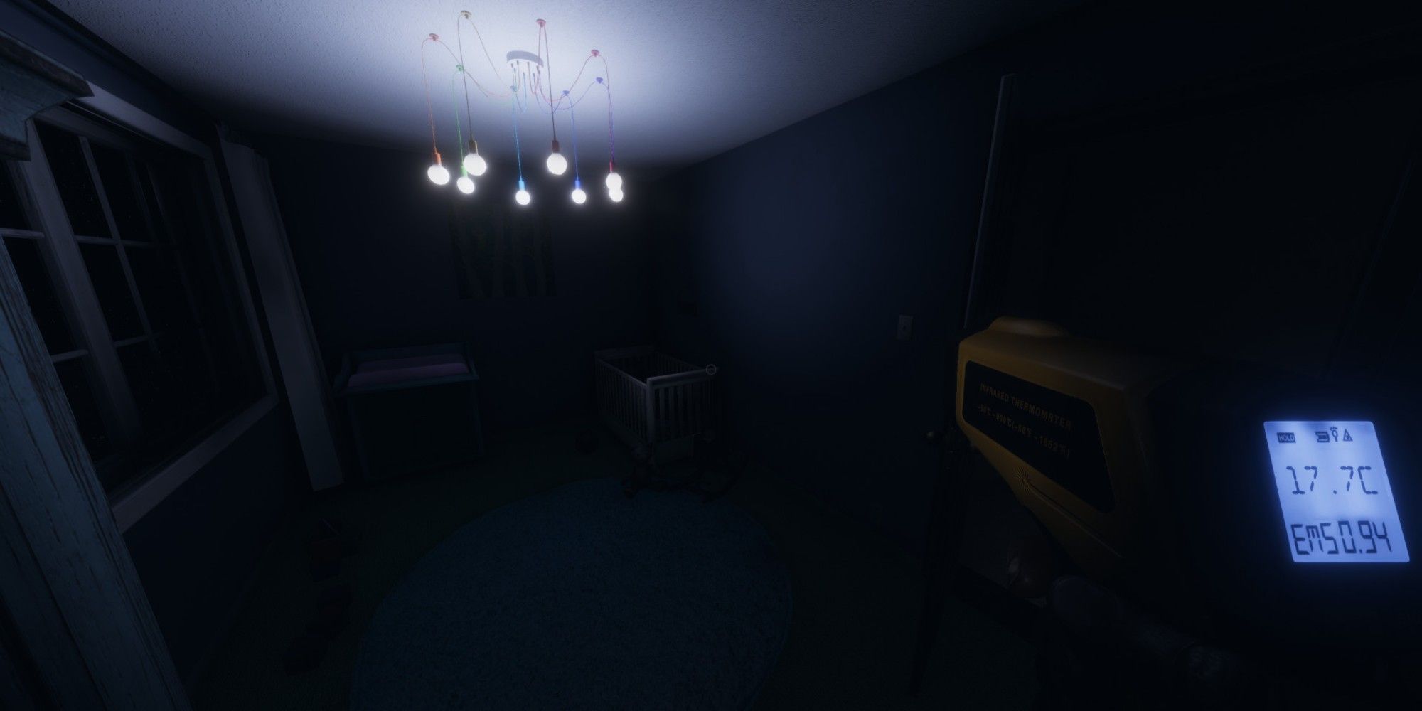A player uses a Thermometer in a child's room to detect a ghost in Phasmophobia