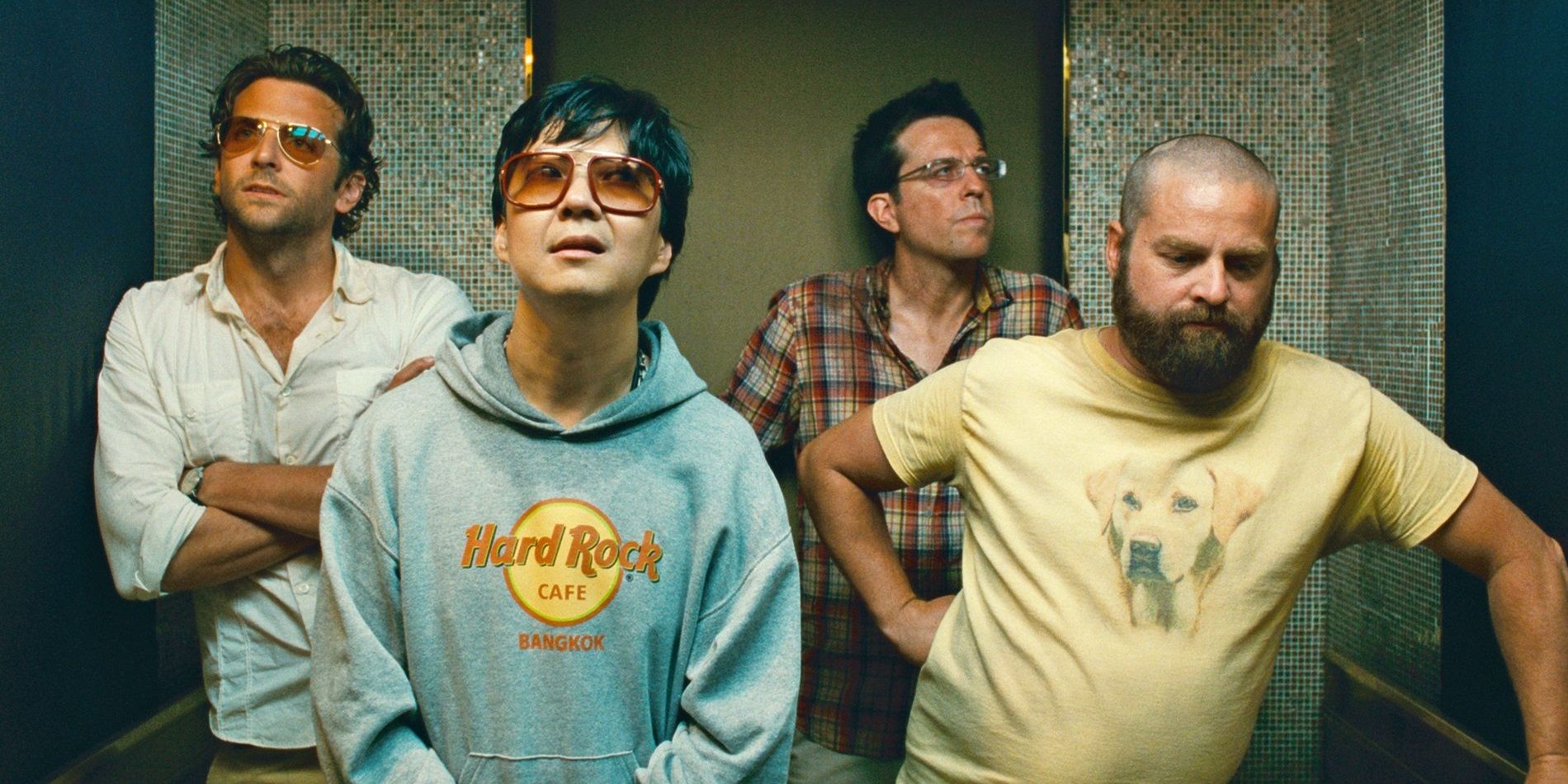 Phil, Stu, Alan, and Mr Chow in an elevator The Hangover Part II