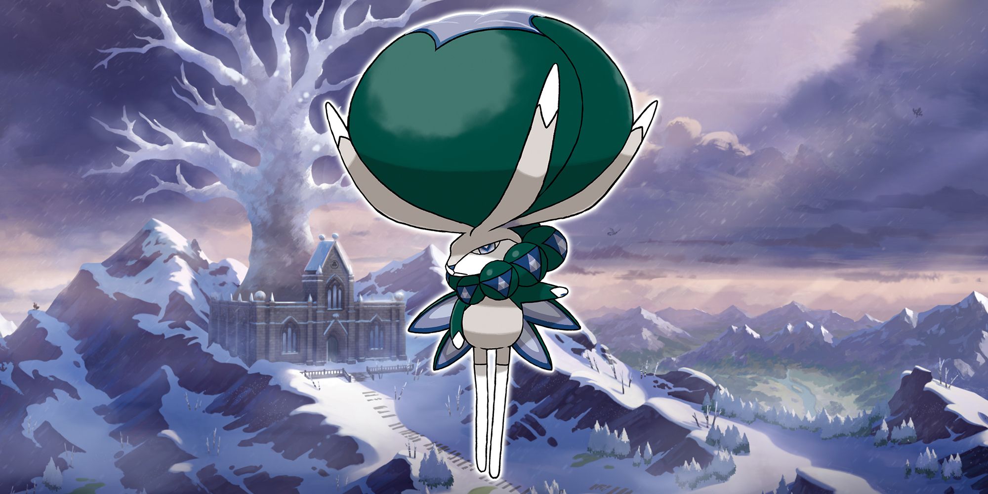 Calyrex in front of a background of the Crown Tundra in Pokemon.