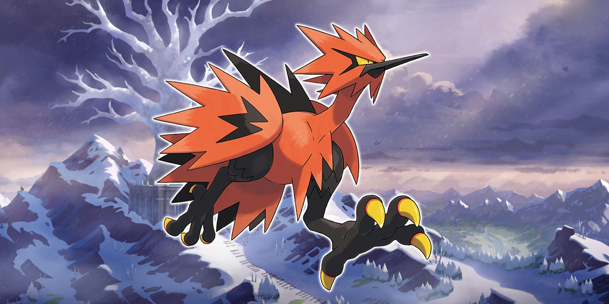 Galarian Zapdos on a background of the Crown Tundra in Pokémon.
