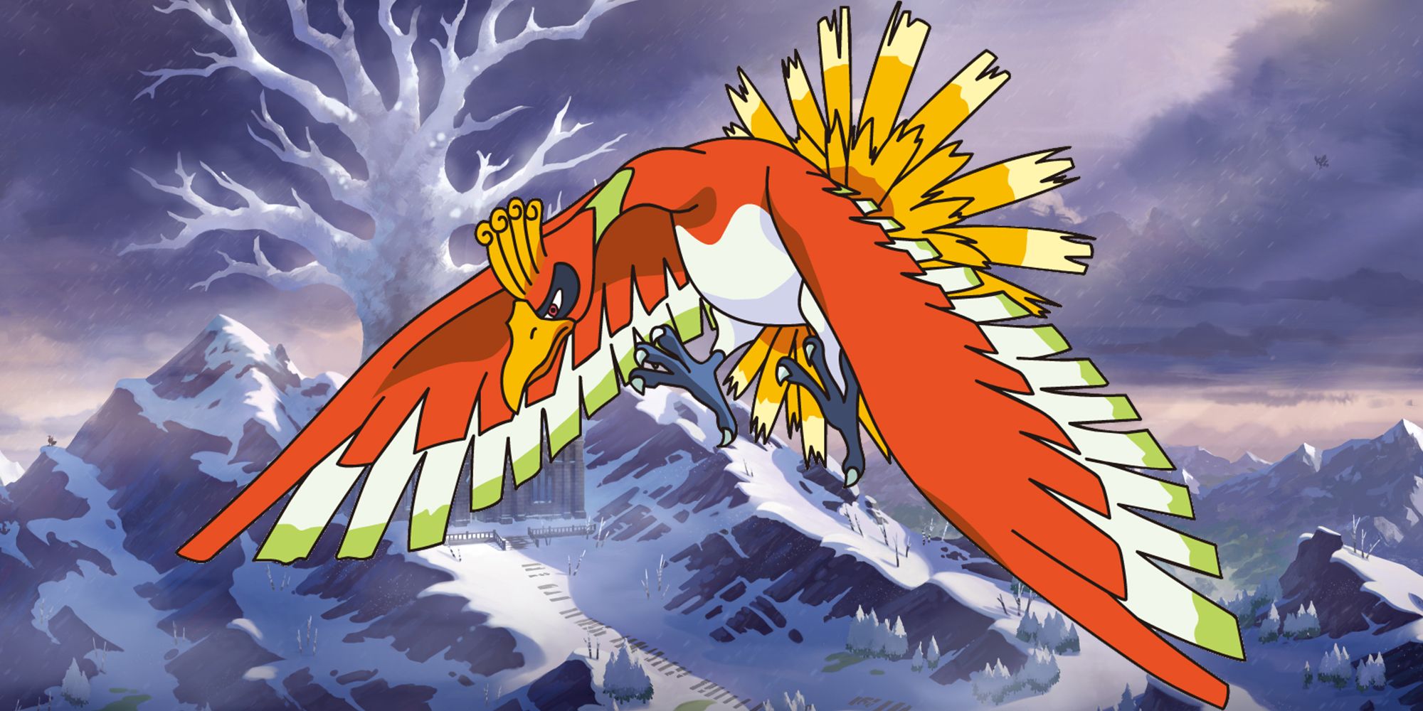 Ho-Oh against a Crown Tundra background in Pokémon Sword &amp; Shield