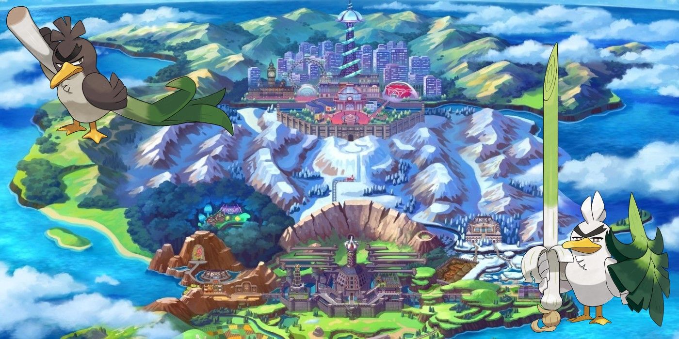 A map of the Galar region with two Pokemon on each side in Pokémon.