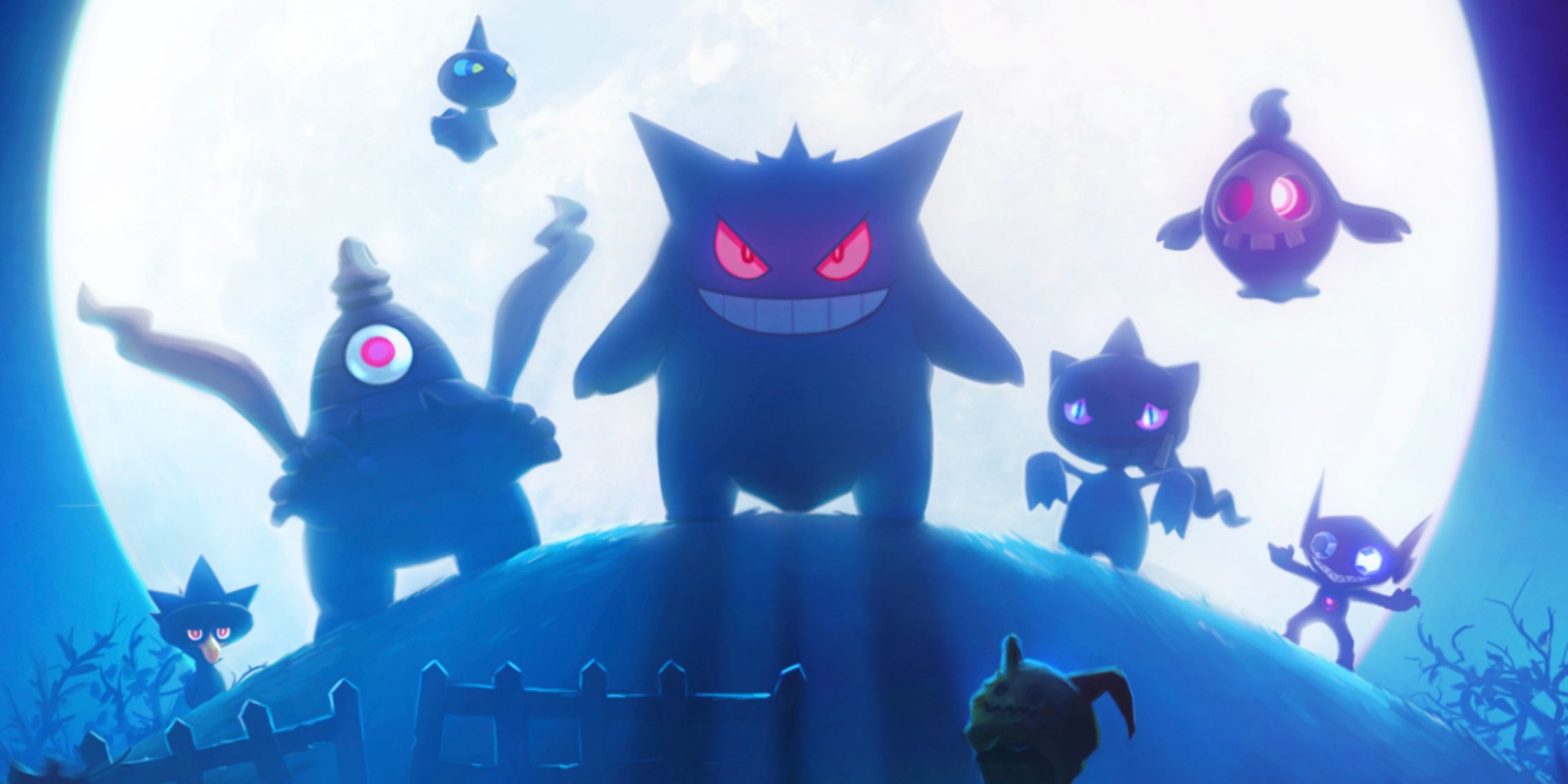 Ghost-type Pokemon stand on a hill in Pokemon GO loading screen