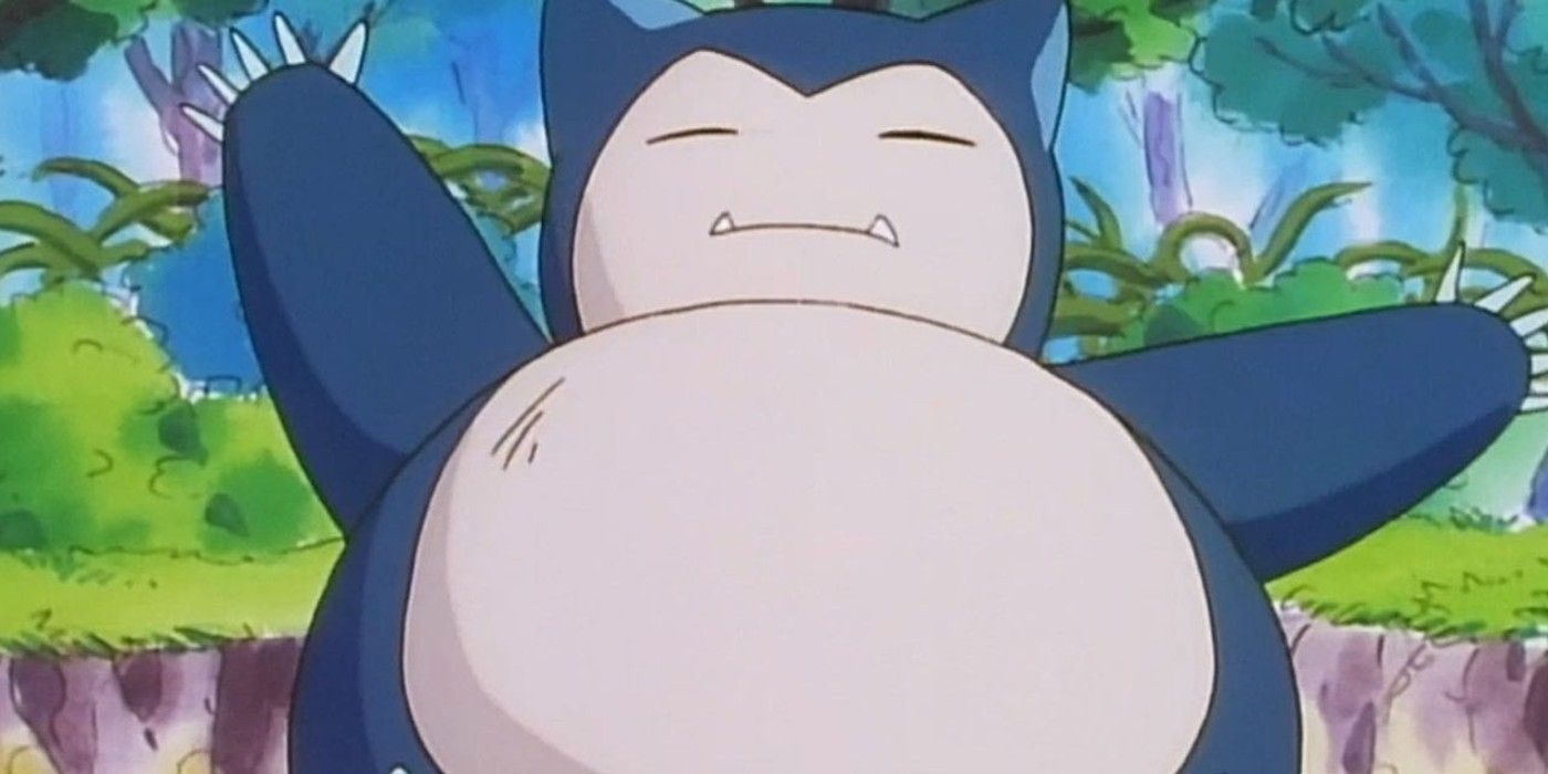 A Snorlax raises its arms in the Pokemon anime.