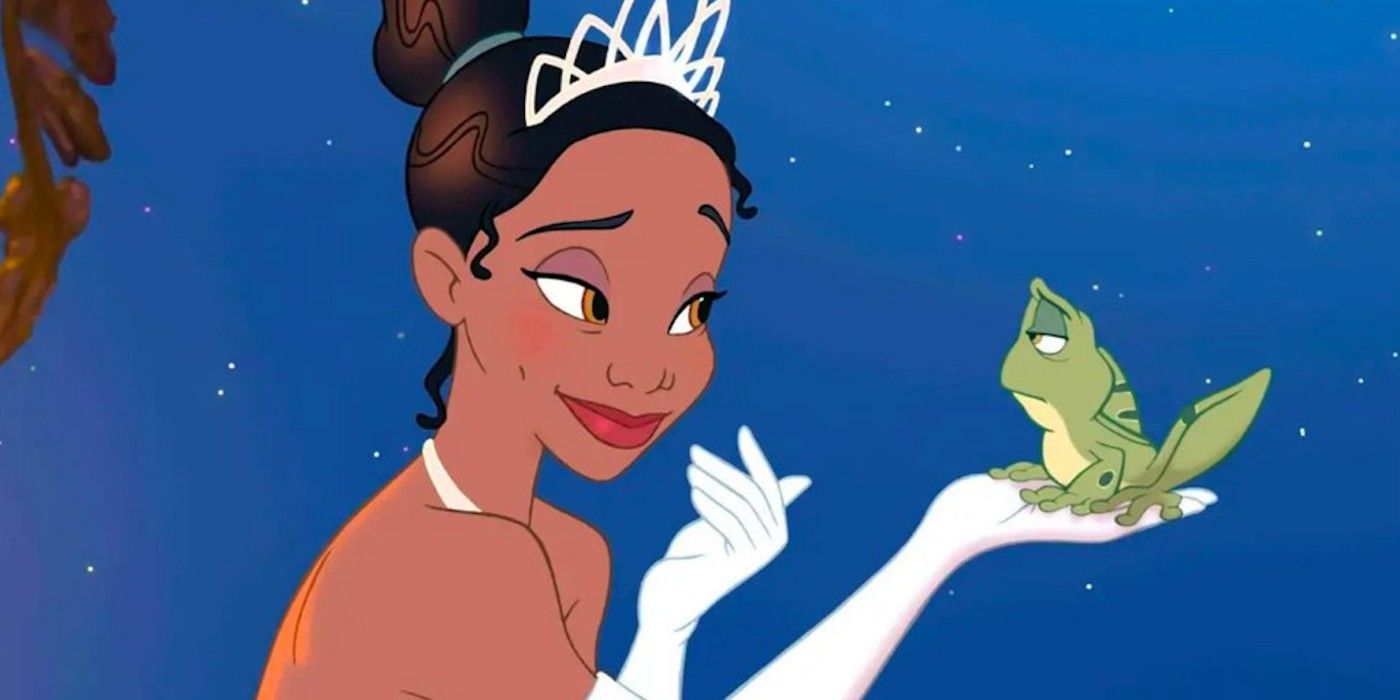 Princess Tiana holds a frog in her hand