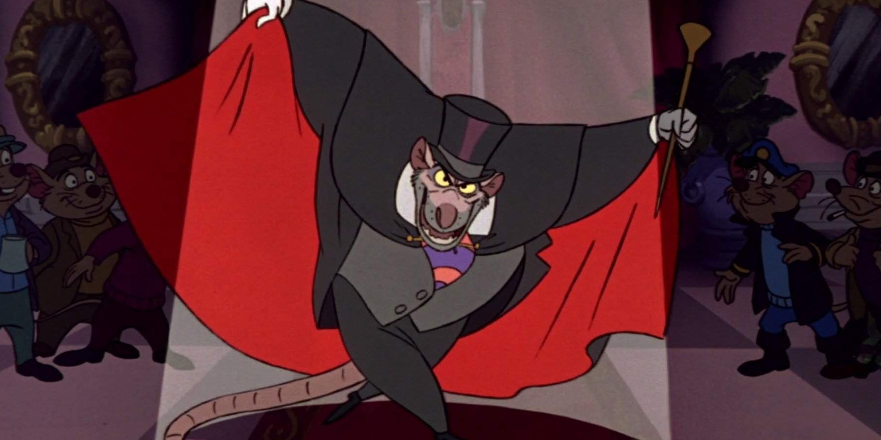 Professor Ratigan bowing with his cape in The Great Mouse Detective 