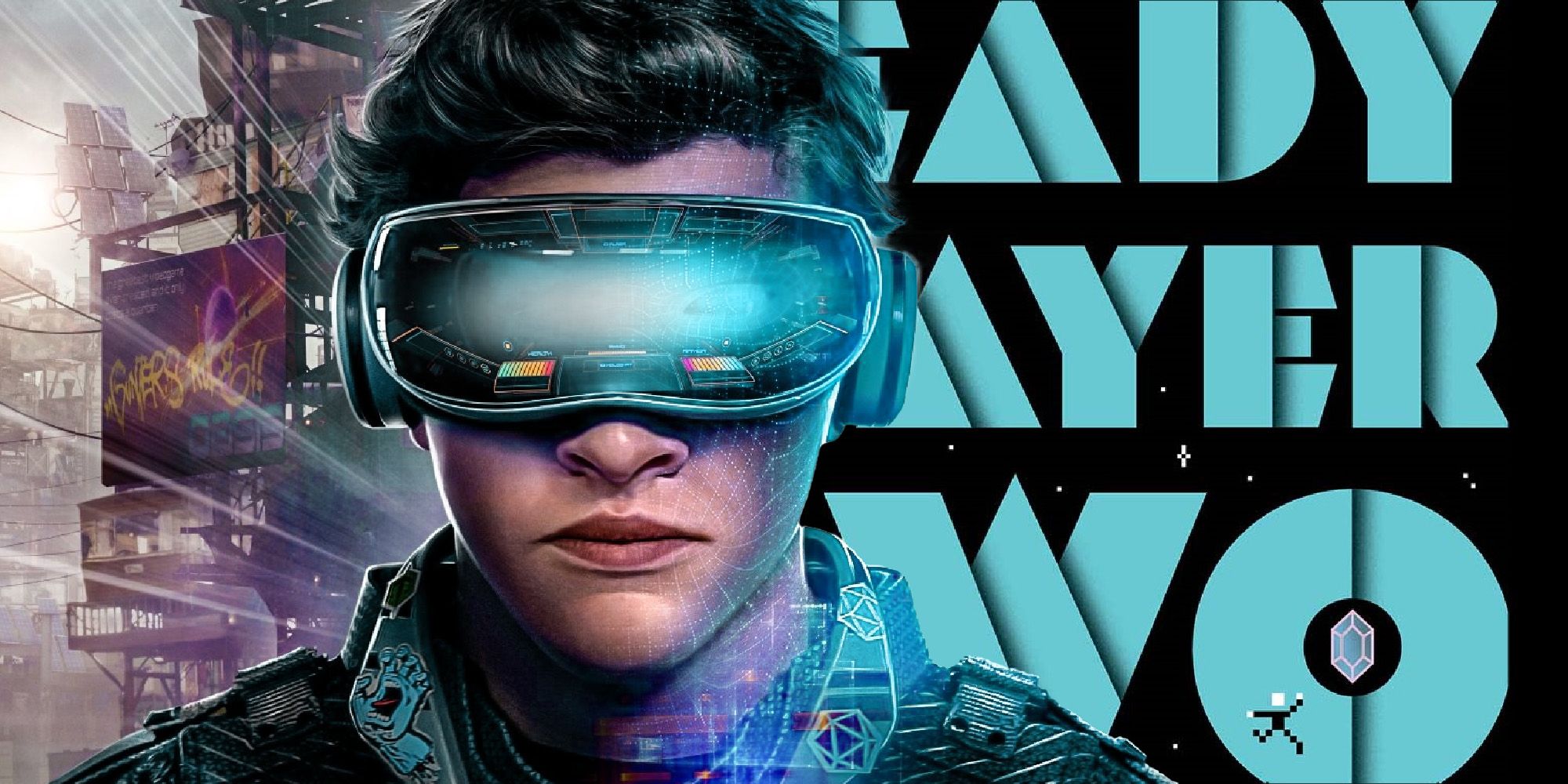 A drawing of a young man wearing a VR headset and a graphic for Ready Player Two