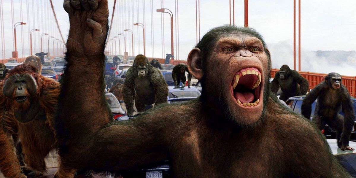 Caesar leads an ape army on the Golden Gate Bridge in Rise Of The Planet Of The Apes