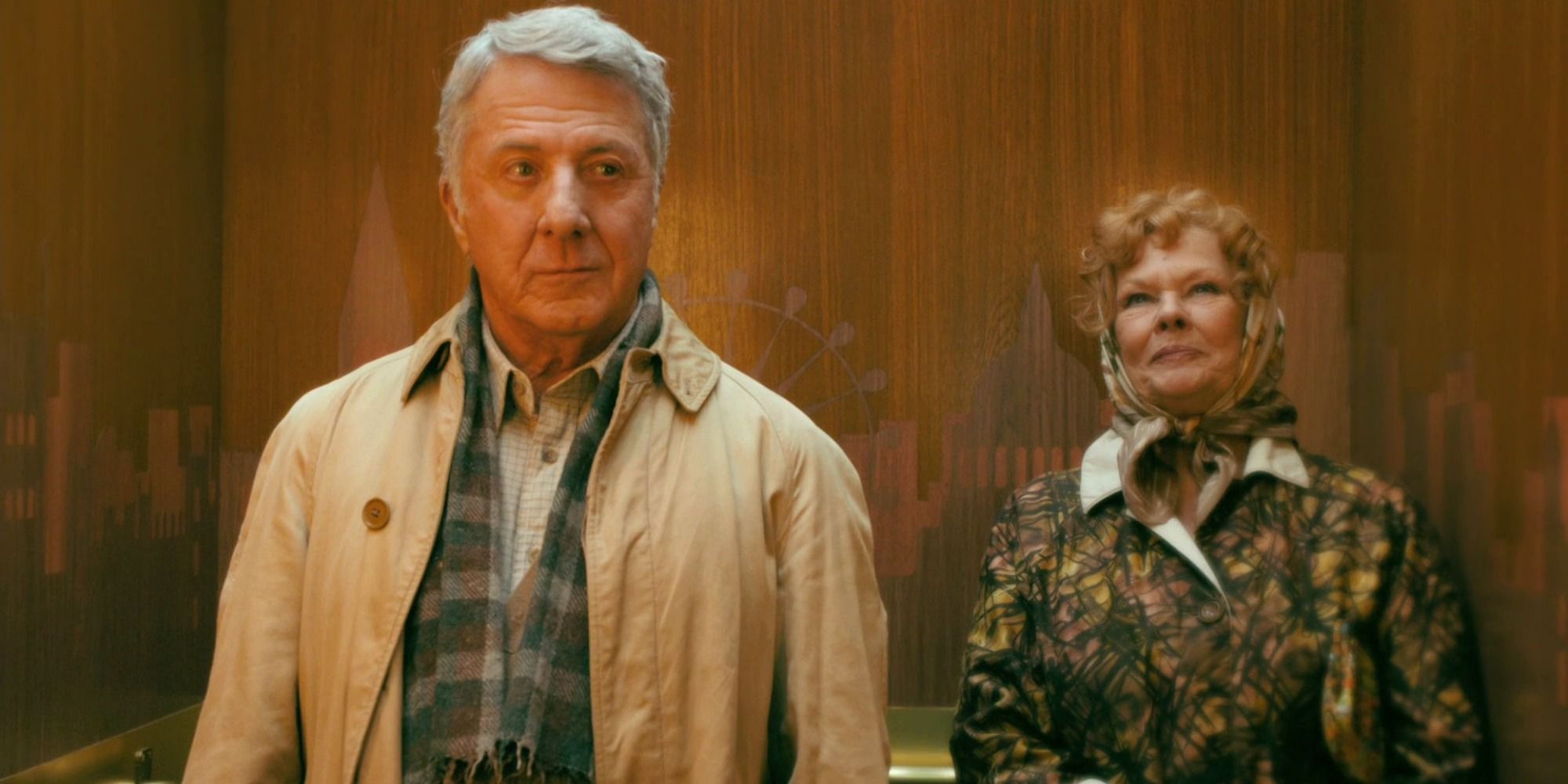 A screenshot of Dustin Hoffman's Mr. Poppy inside an elevator with Judi Dench's Mrs. Silver in Roald Dahl's Esio Trot