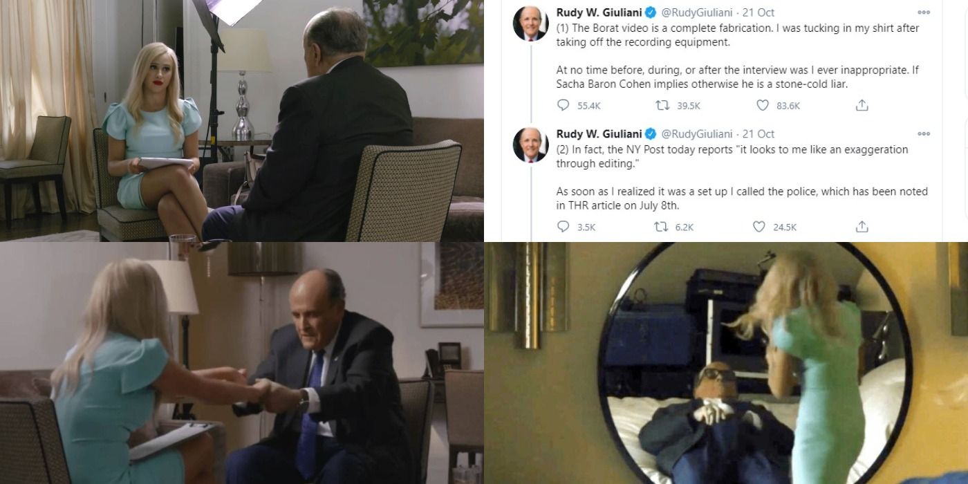 Rudy Giuliani in the controversial scene from Borat 2, a collage of photos and the tweets he sent
