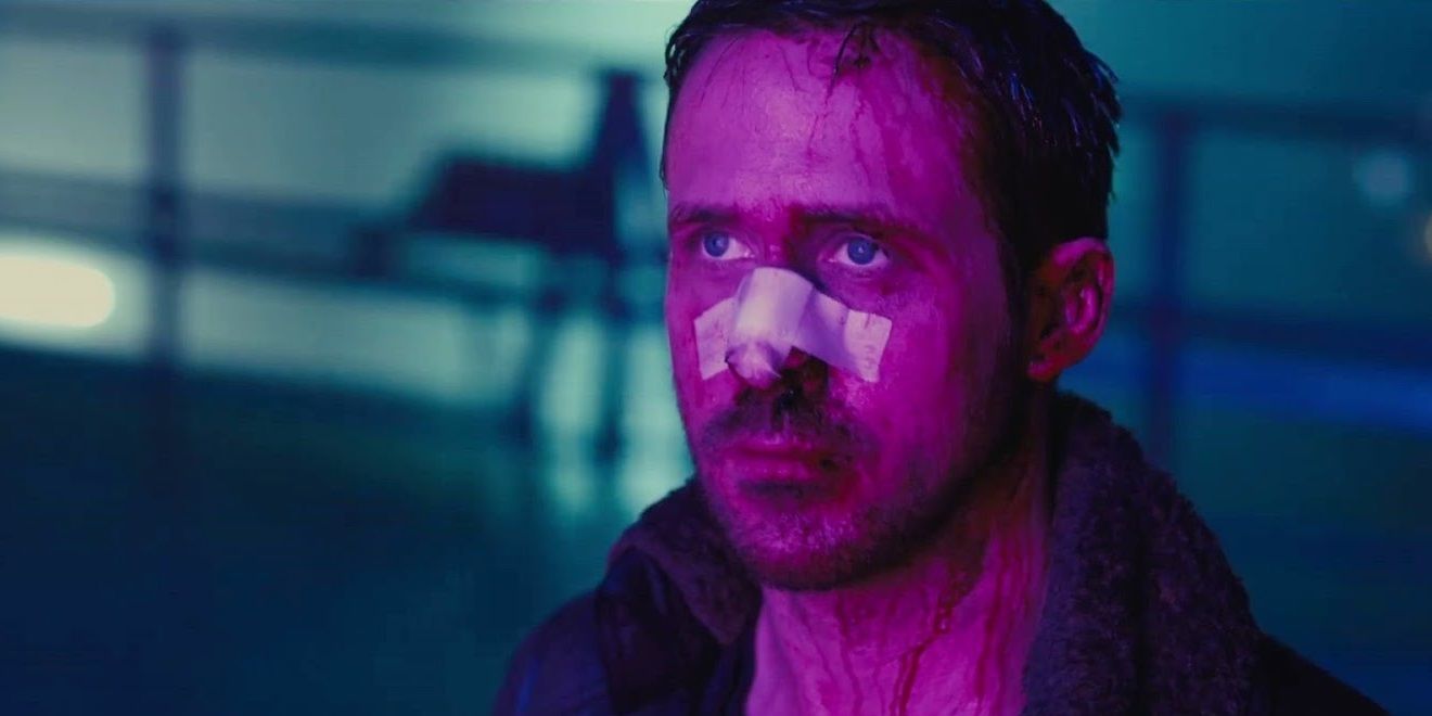 Ryan Gosling in Blade Runner 2049 wearing a nose bandage