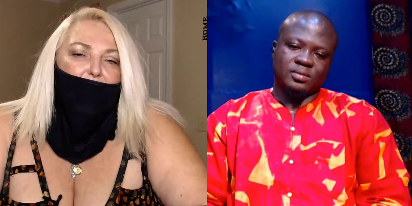 Split image of Angela in face mask and Michael in red shirt from 90 Day Fiancé 