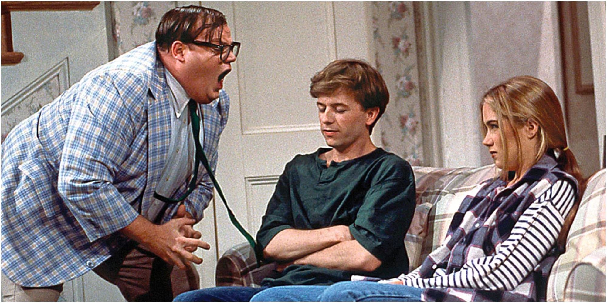 A screenshot of Chris Farley's Matt Foley scolding at David Spade and host Christina Applegate in the &quot;Motivational Speaker&quot; sketch from Saturday Night Live