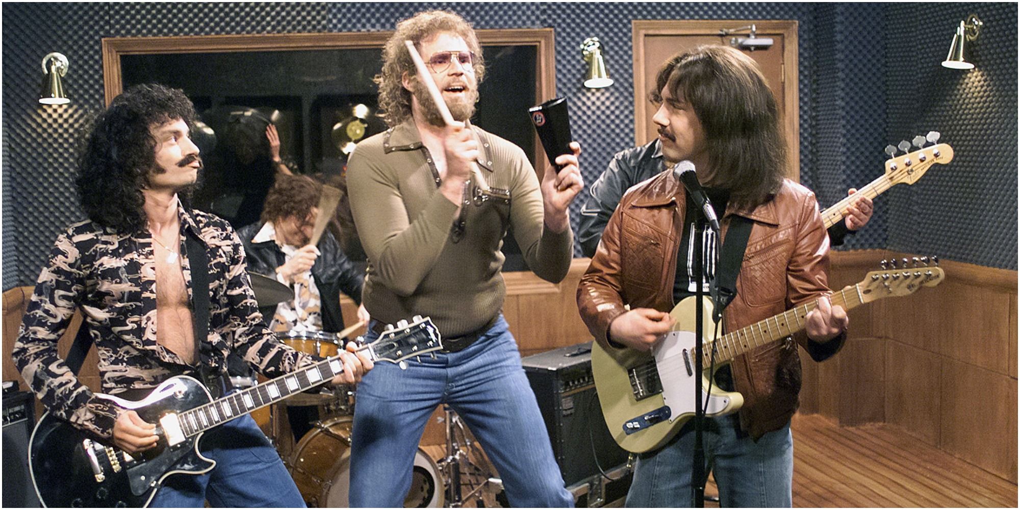 A screenshot of Blue Oyster Cult with Will Ferrell's Gene Frenkle jamming during the "More Cowbell" sketch in Saturday Night Live