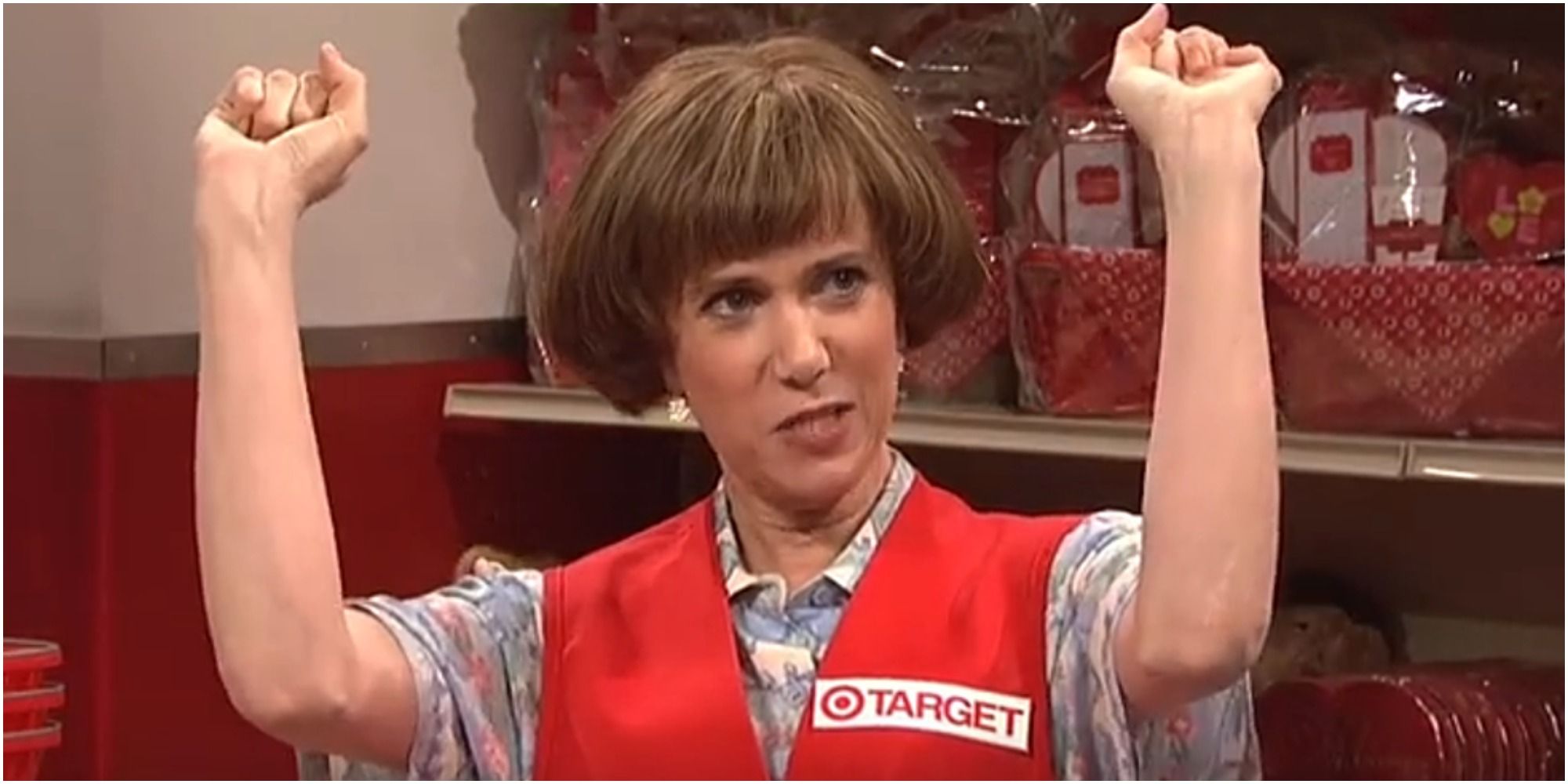 A screenshot of Kristen Wiig's Target Lady cheering in Saturday Night Live