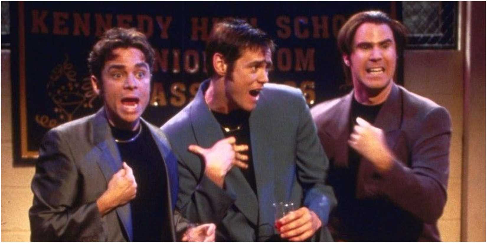 A screenshot of the Butabi brothers, along with their accomplice (Jim Carrey), trying to woo women in a sketch from Saturday Night Live