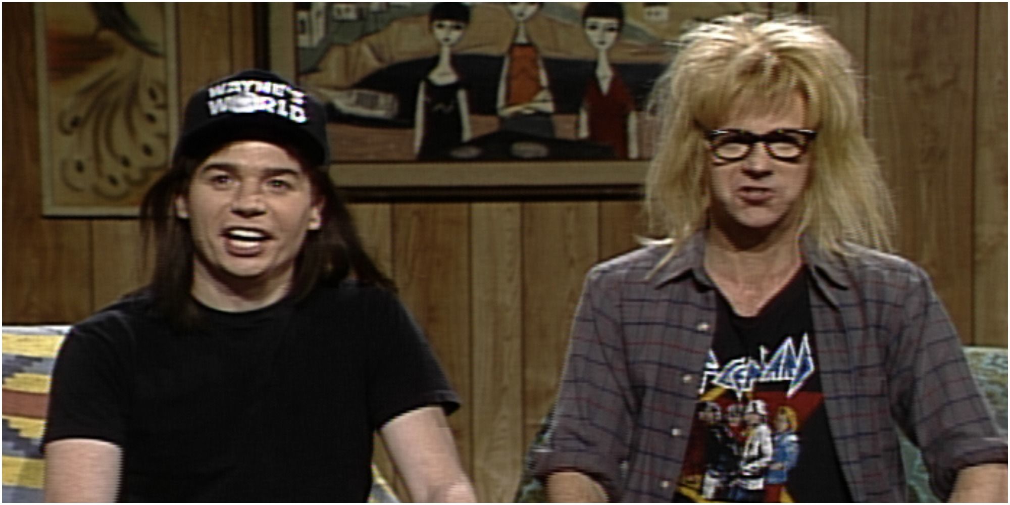 A screenshot of Wayne Campbell and Garth Algar during their show from Saturday Night Live