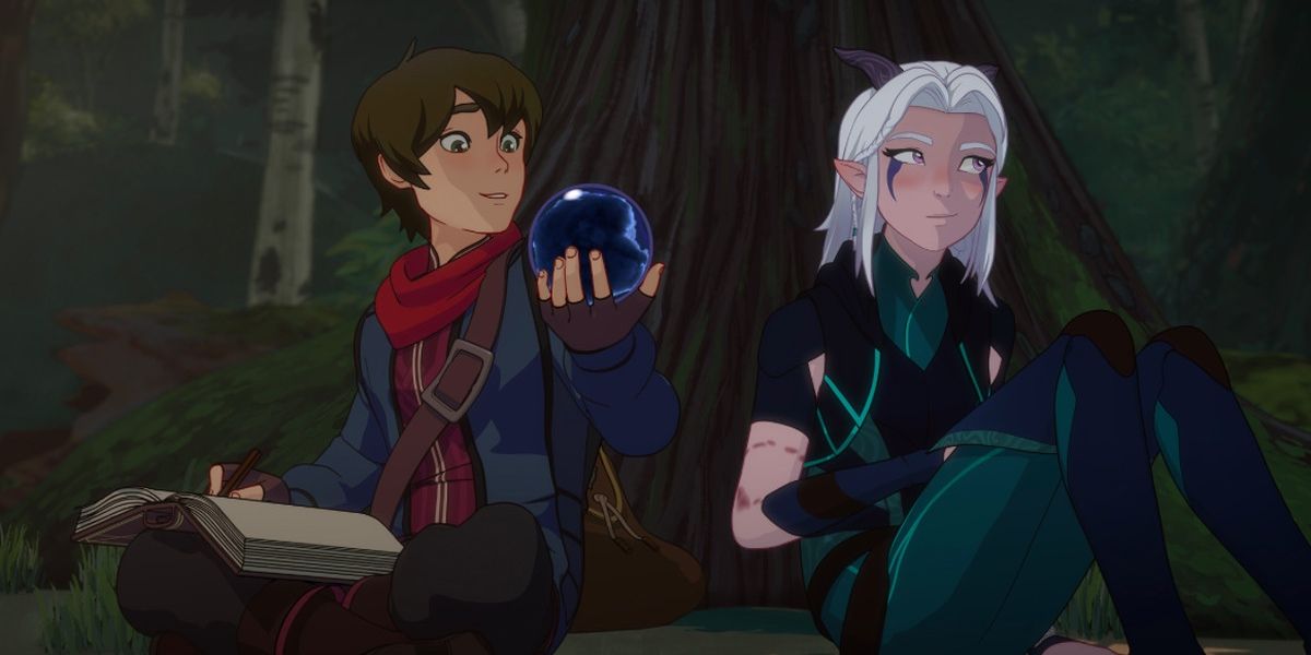 Ezra and Callum sitting under tree and chatting in The Dragon Prince