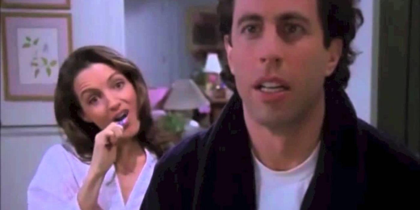 Jenna brushing her teeth behind Jerry on Seinfeld