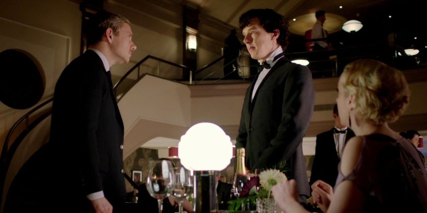 Sherlock meets Watson in the restaurant with Mary in Sherlock.