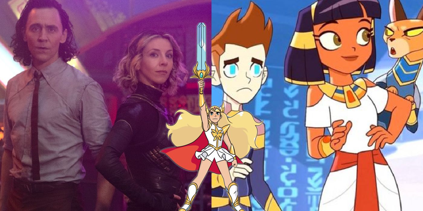 Split image of Loki and Sylvie from Loki, She-Ra from Netflix series, and Cleopatra with cat from Cleopatra In Space