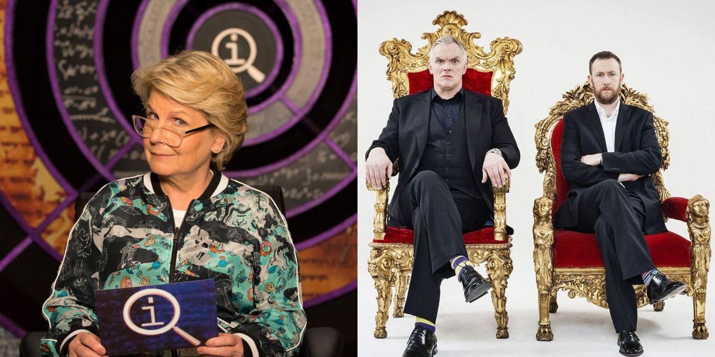 Side by side featured image of Taskmaster promo photo and Sandi Toksvig in Qi